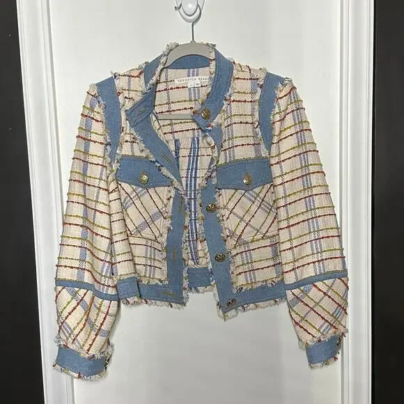 Veronica Beard Women's Nilaja Jacket Multicolor Size 4 Plaid Tweed Denim Trim - Picture 4 of 15